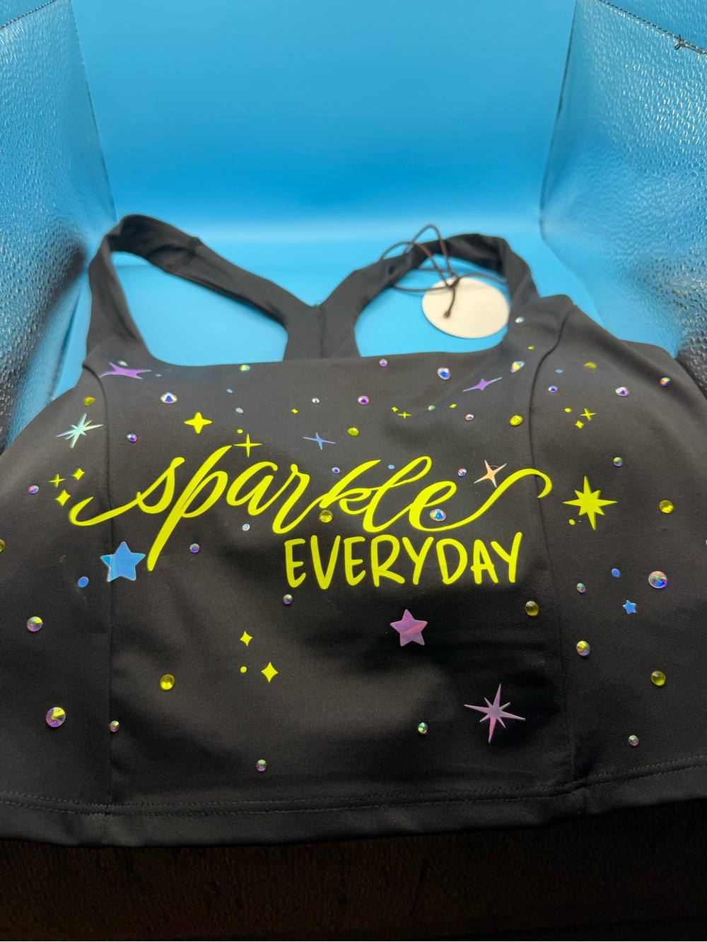Hand Crafted Black Sports Bra with Neon Yellow 'Sparkle Everyday' Print